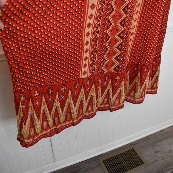 World Market Boho Maxi Dress Sz M Smocked Tiered Flowy Southwestern Tribal Aztec - Picture 6 of 14